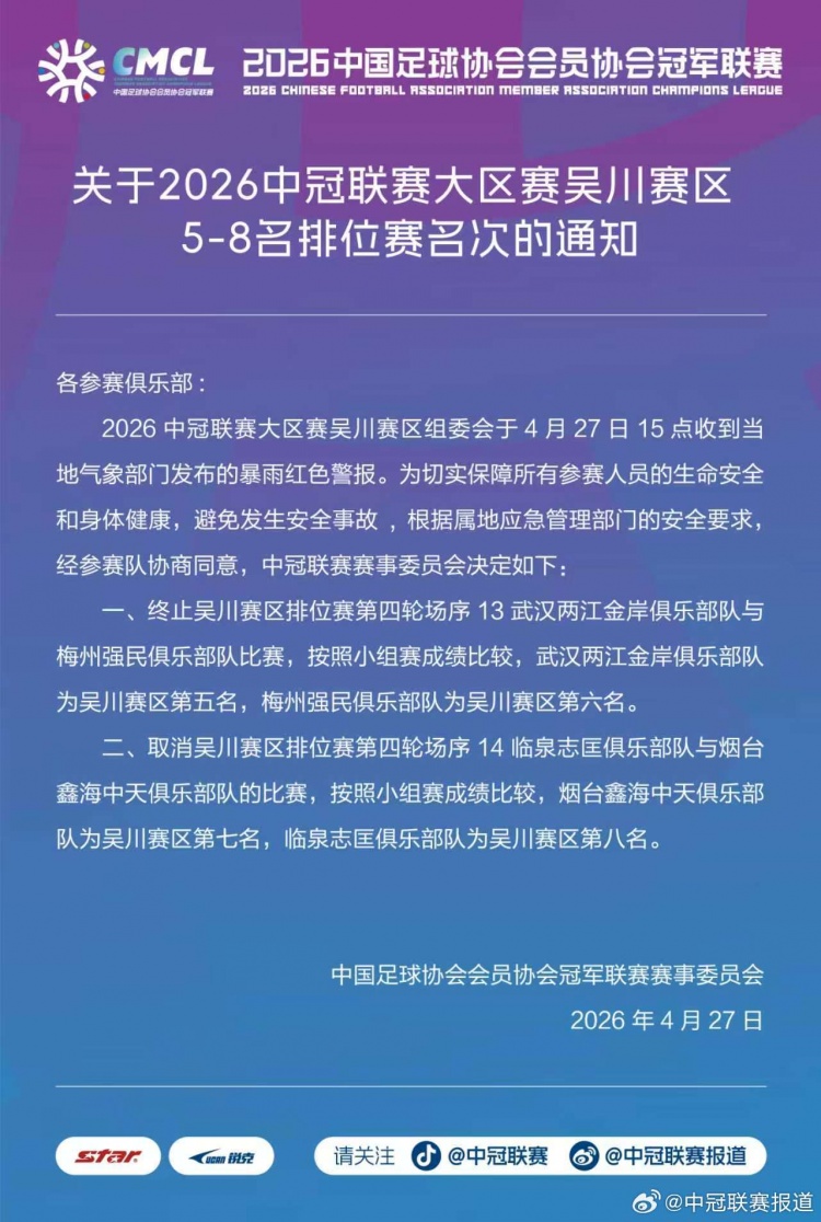 开云体育入口-中冠官方：因暴雨终止和取消吴川赛区两场比赛，根据小组成绩排名